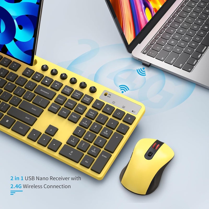 MARVO Wireless Keyboard and Mouse Combo, 2.4G Ergonomic Wireless Computer Keyboard with Phone Tablet Holder, Silent Mouse with 6 Button, Compatible with MacBook, Windows (Yellow) - Image 5